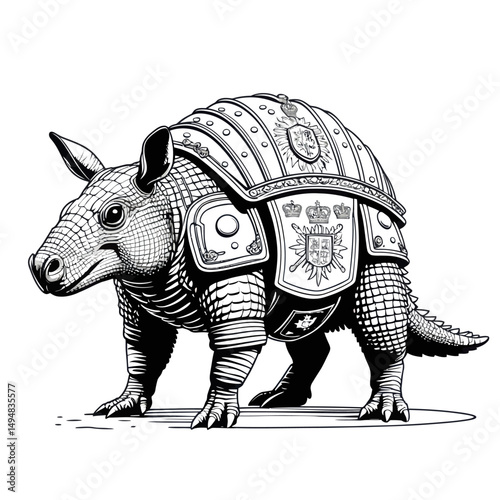 Armadillo wearing ornate armor. Black and white drawing of animal. Concept of animal warriors or fantasy characters.