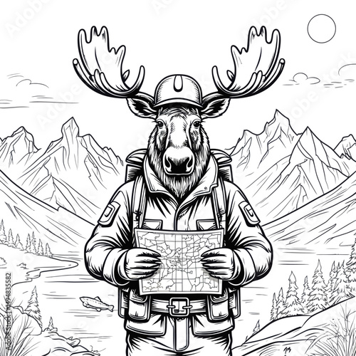 Moose explorer holding map in mountain landscape outline style. Cartoon animal adventurer in helmet and jacket with backpack.