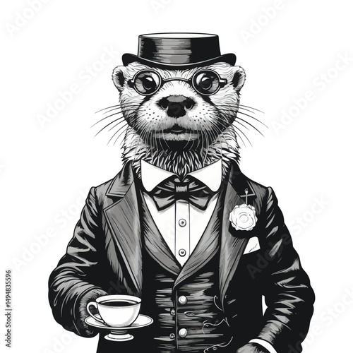 Otter Gentleman with Tea Cup. animal dressed in tuxedo and hat