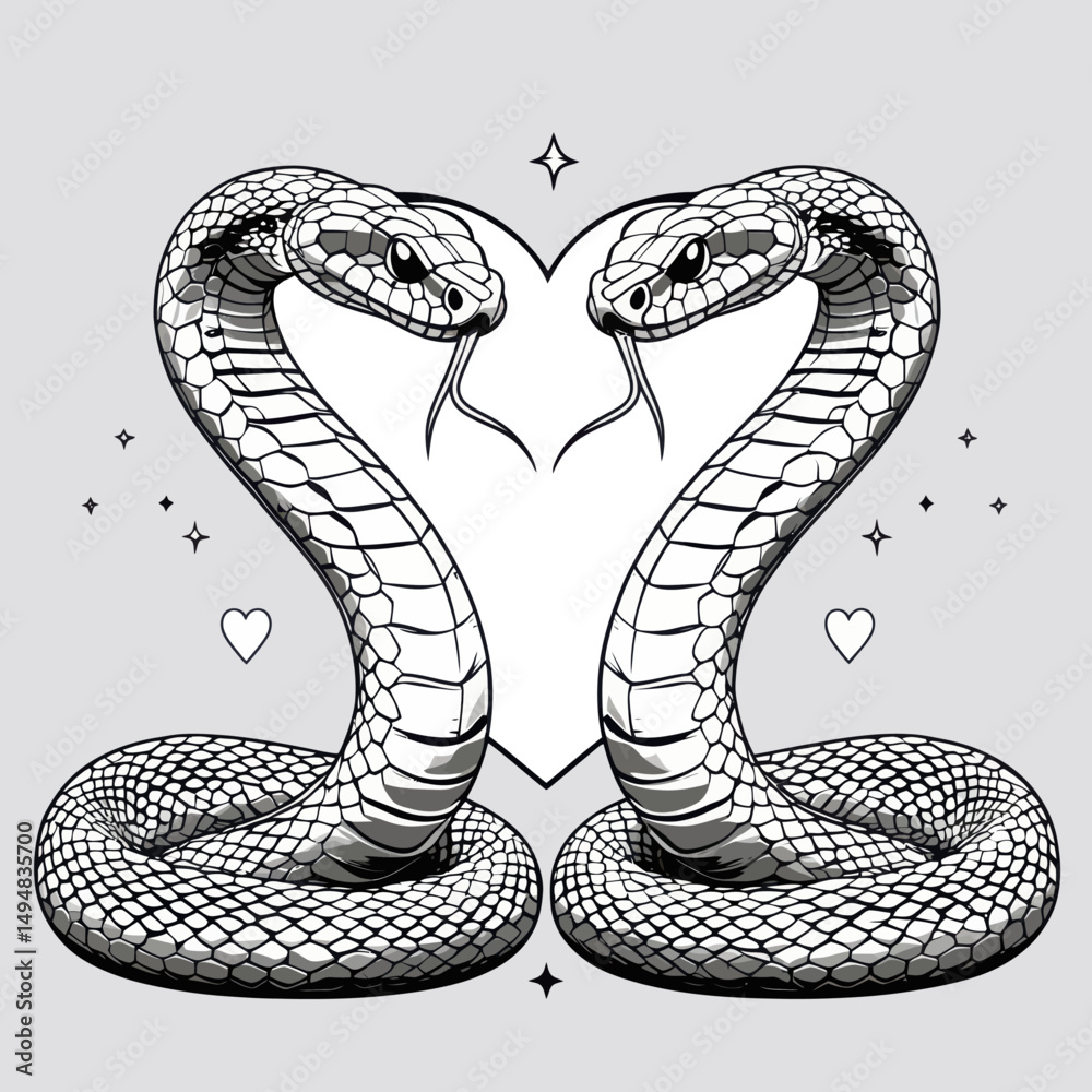 Fototapeta premium Snake Heart Love Tattoo. Two cobras form heart shape. Vector illustration of reptile couple with for wedding or valentine card