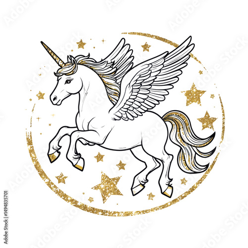Gold unicorn pegasus drawing with circle stars. Outline horse illustration