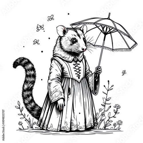 Cartoon opossum lady standing under umbrella. Animal dressed in dress in floral field black and white style.