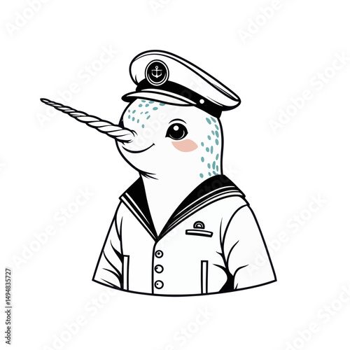 Cute Narwhal Captain Cartoon Character. happy sailor mammal wearing white uniform and hat with anchor