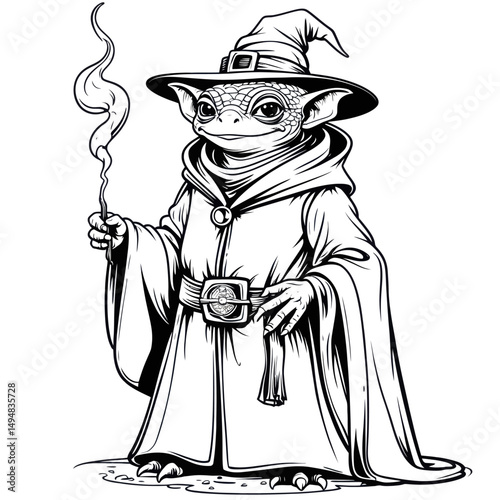 Reptilian Wizard in Robe Holds Staff. Illustration depicts alien wearing pointy hat, costume and using magic staff, sketch style