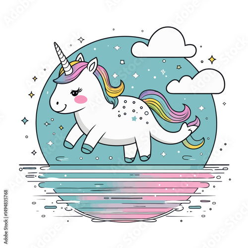 Cute cartoon Unicorn illustration. White unicorn with rainbow mane walking. Stars and clouds background