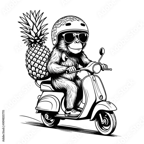 Orangutan riding scooter with pineapple monochrome illustration. Cartoon monkey in helmet and sunglasses driving moped. Summer travel concept