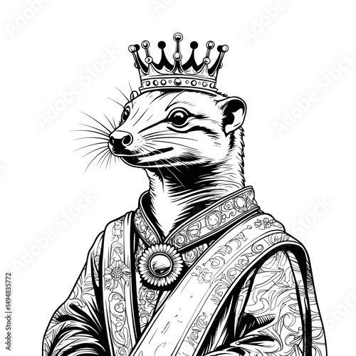Ermine king drawing in robe. Cartoon mink wearing crown