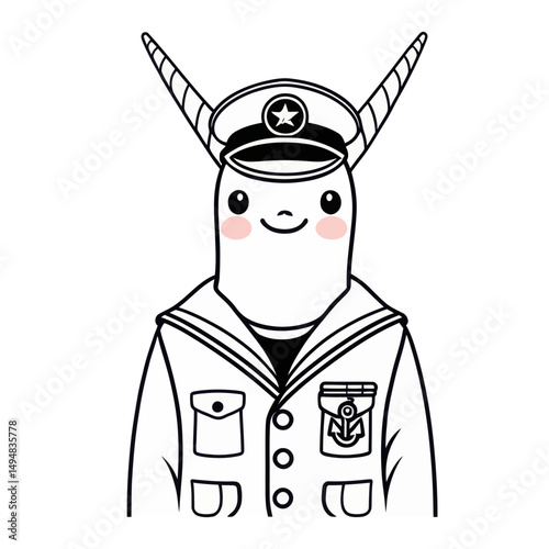 Narwhal Sailor in Uniform. Marine theme cartoon character with cap and tusks. Nautical style design.