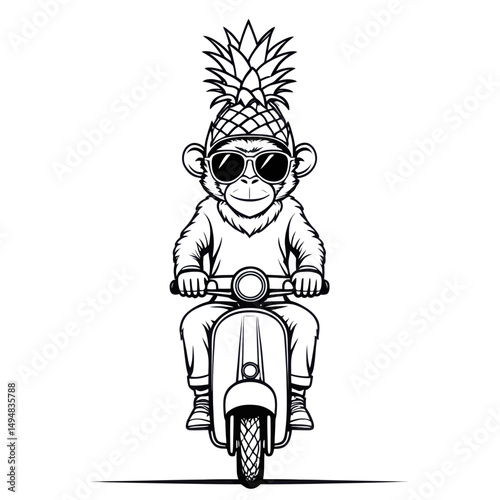 Monkey riding scooter wearing pineapple hat. Isolated character on white