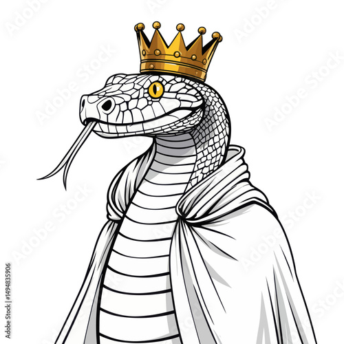 Snake King Cartoon Illustration. Snake with crown and royal mantle on white background.