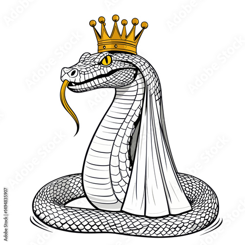 Snake king illustration. Snake with crown and cape. Stylized royal cobra