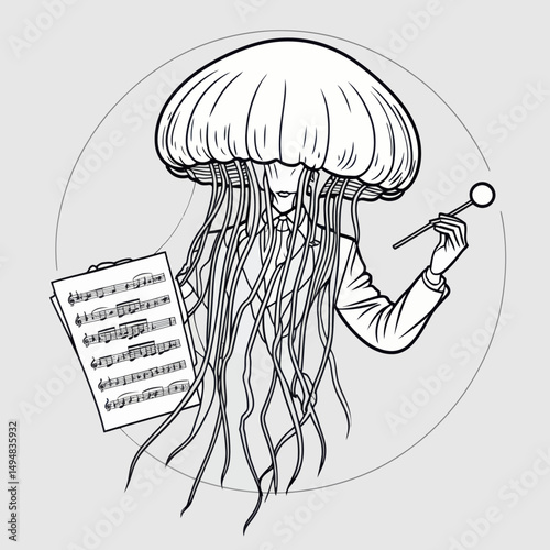 Jellyfish conductor with music sheet. Creature in suit and tentacles holding baton