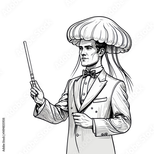 Man with jellyfish hat holding stick. Ink drawing of strange character in suit and bowtie.