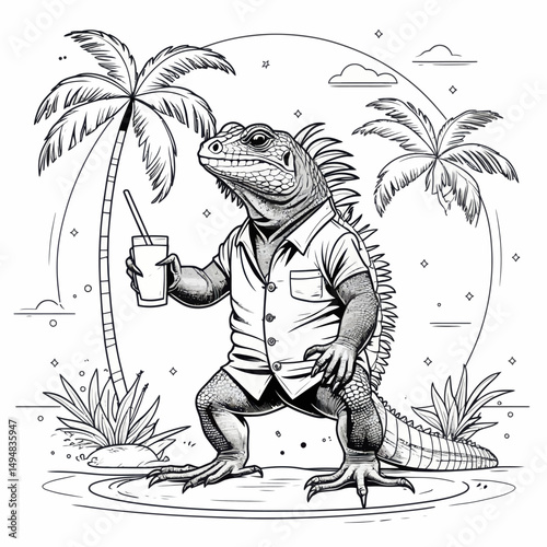 lizard enjoys beverage on beach. line art iguana holds drink wearing shirt under palm trees