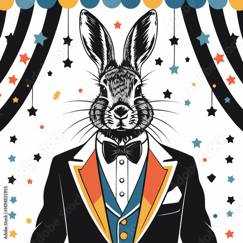 Rabbit wear suit tuxedo. Cartoon circus performer or showman on white background