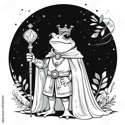 Frog King standing with scepter. Hand drawn illustration of fairytale amphibian in regal attire against starry background
