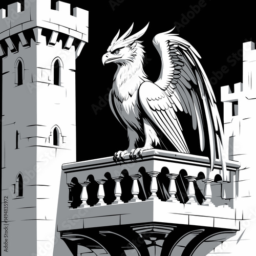 Gryphon on Castle Balcony Black and White Graphic