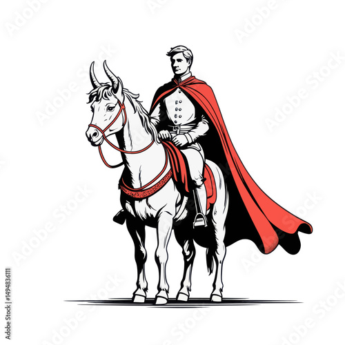 Hero riding horse. Man with cloak sitting on horned animal. Historical uniform