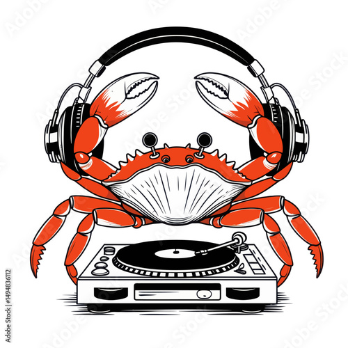 Cartoon crab with headphones playing music on vinyl player. Funny sea animal dj