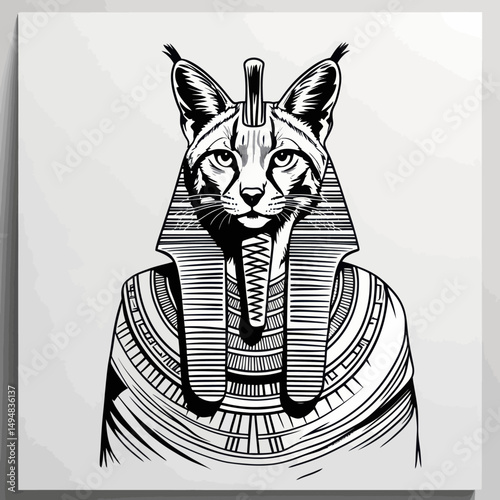 Black Ink Illustration Cat in Pharaoh Costume. Egypt culture concept.