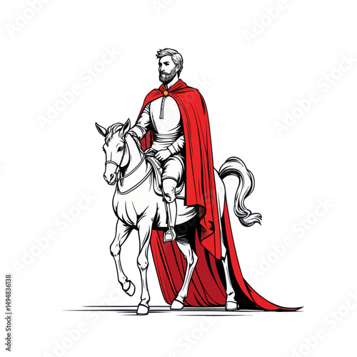 Noble Man Riding Horse. Medieval monarch with red cloak