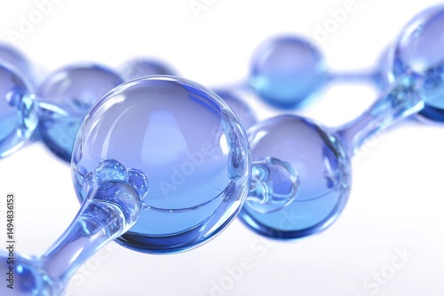 Close-up of glossy blue bubbles and connected molecular chains symbolizing chemical bonding