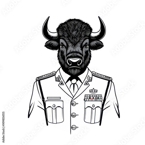 Stylish bull in uniform. Design for print. Bull with black fur wearing suit.