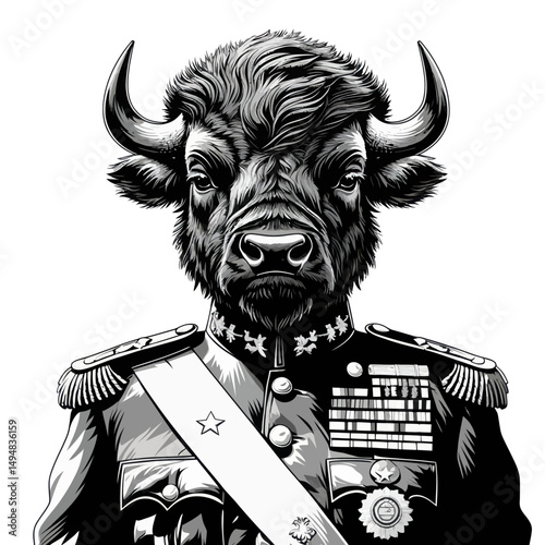 Buffalo head general monochrome illustration. Animal in army uniform.