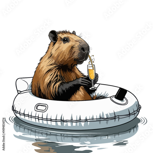 Capybara on float drinks champagne. Cute animal illustration relaxing in water tube. Summer vacation concept