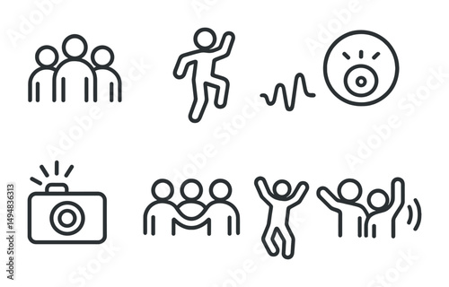 Dance and music outline icons set – line, linear, rhythm, and celebration symbols