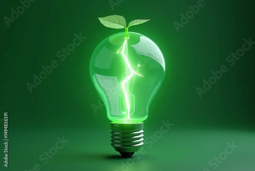 Green Glowing Light Bulb with a Small Plant Inside, Symbolizing Renewable Energy and Sustainability  
