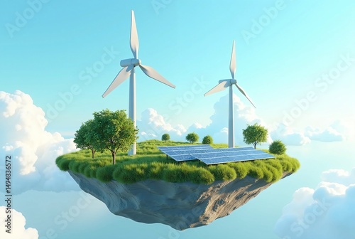 Floating Island with Wind Turbines, Solar Panels, and Lush Greenery in a Bright Sky, Symbolizing Sustainable Energy  

