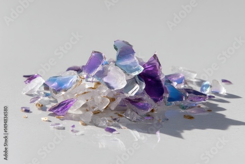 Collection of glass splinters and debris arranged to show impact damage in sharp focus isolated on white background