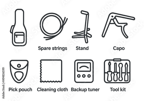 Guitar accessories outline icons set – flat, line, musical instrument tools