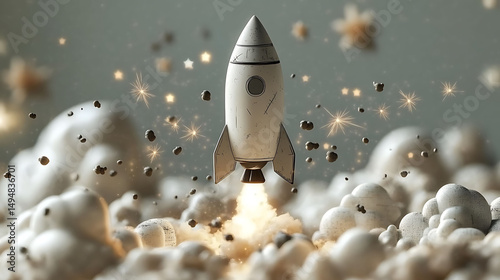 Vintagestyle rocket launching through a dreamy cloud scape, surrounded by sparkling stars.  Perfect for illustrating concepts of innovation, startup, new beginnings, and reaching for goals.
