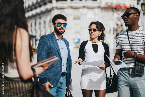 Fotografie A diverse group of young professionals wearing sunglasses and casual business attire engage in a discussion outdoors