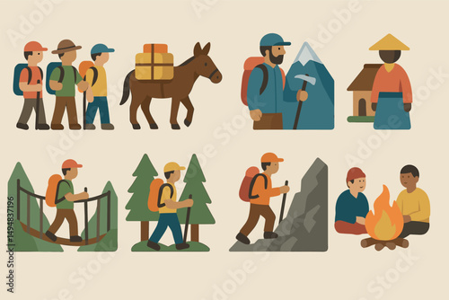 Hiking and adventure icons set – flat, filled, trekking and outdoor symbols