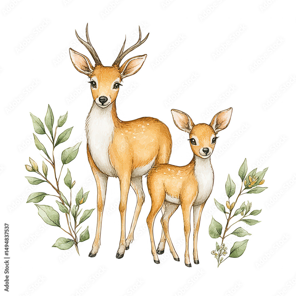 Fototapeta premium Watercolor illustration shows a deer family with leafy plants around them.