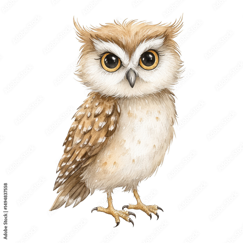 Obraz premium A sweet baby owl with big eyes stares forward in a watercolor illustration.
