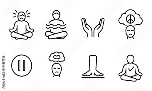 Meditation and mindfulness outline icons set – peaceful, calm, spiritual symbols