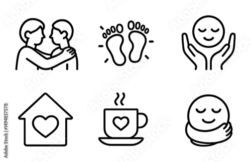 Well-being and self-care icons set – outline, mindfulness, mental health symbols