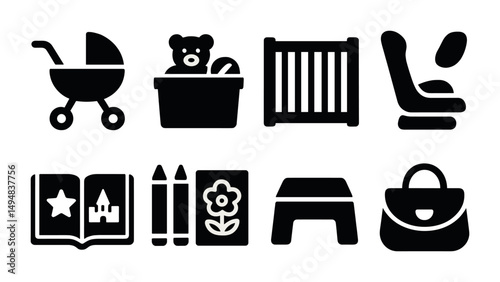 Baby care silhouette icons set – solid, filled, childcare and parenting symbols