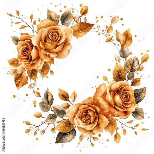 Watercolor golden roses floral wreath design element for invitations cards isolated on  transparent  background 