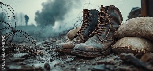Vintage Military Boots Amidst War-Torn Landscape Showcasing Resilience and Sacrifice