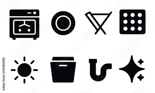 Household and cleaning solid icons set – filled, daily chores, maintenance symbols