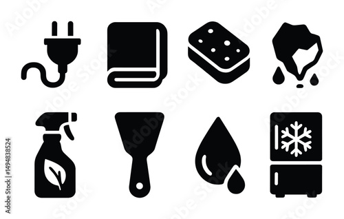 Cleaning and maintenance solid icons set – tools, household, deep cleaning essentials