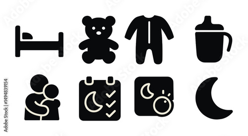 Baby care solid icons set – filled, silhouette, parenting and newborn essentials