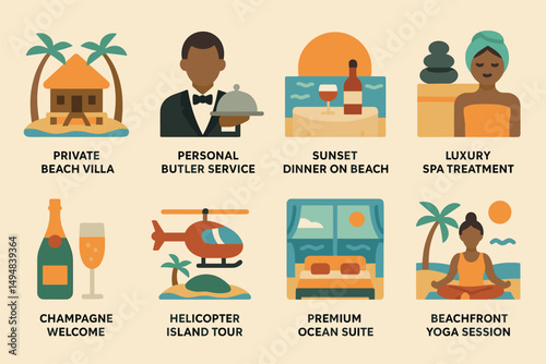 Luxury beach vacation icons set – flat, silhouette, ocean getaway symbols