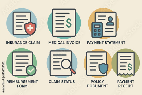 Insurance and finance icons set – outline, linear, healthcare and billing graphics