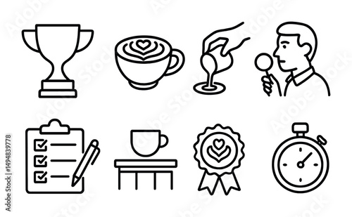 Coffee and barista outline icons set – linear, flat, beverage and cafe symbols